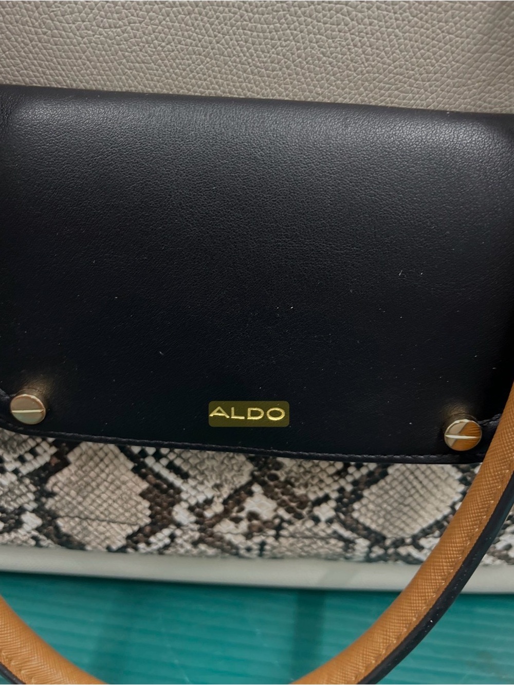 ALDO Colorblock Executive Tote Bag | Cream, Cognac & Black Faux Snakeskin Pocket - Picture 11 of 12